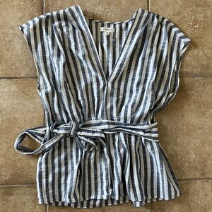 Max Studio Blouse Womens M Blue White Striped Short Sleeve Tie V-Neck Tunic